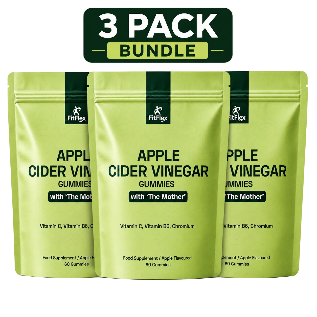 Three stand-up pouches of FitFlex Apple Cider Vinegar Gummies in a 3-pack bundle, displayed on a white background with a dark green '3 PACK BUNDLE' banner at the top.
