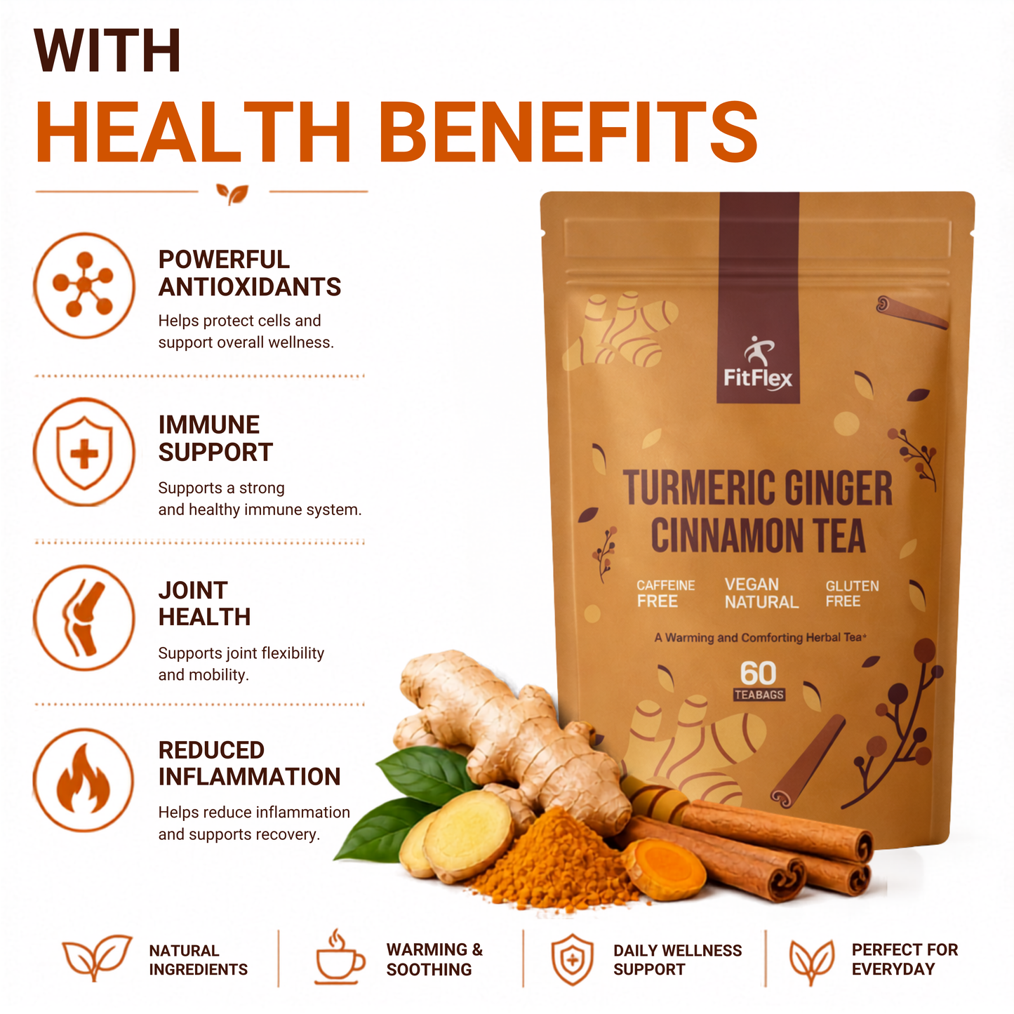 Turmeric Ginger Cinnamon Tea | Herbal Detox Tea | Caffeine-Free, Vegan