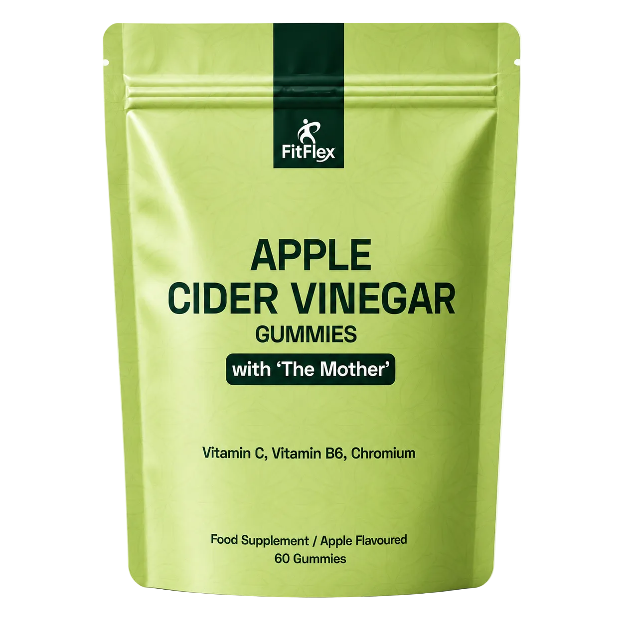 A light green stand-up pouch of FitFlex Apple Cider Vinegar Gummies with 'The Mother' on a white background.