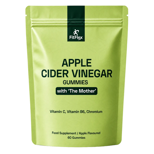 A light green stand-up pouch of FitFlex Apple Cider Vinegar Gummies with 'The Mother' on a white background.