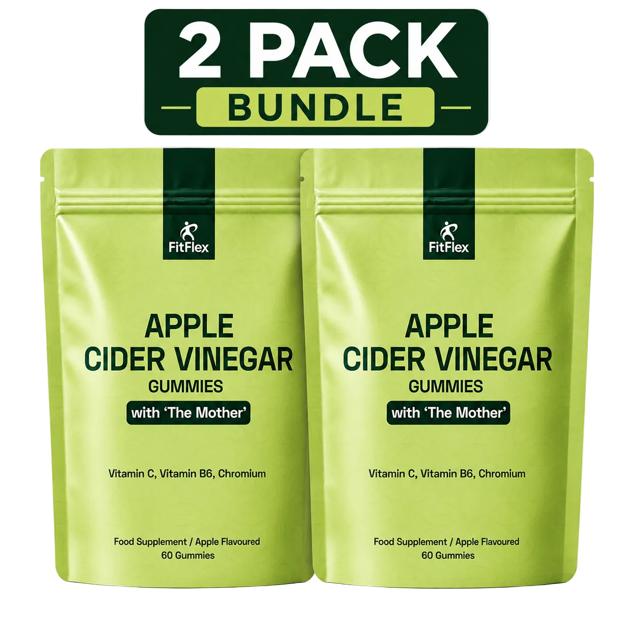 Two stand-up pouches of FitFlex Apple Cider Vinegar Gummies shown as a 2-pack bundle, with a dark green '2 PACK BUNDLE' banner above them on a white background.