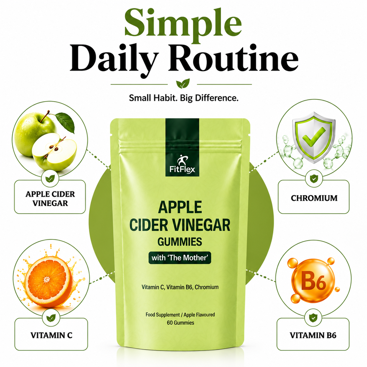 Apple Cider Vinegar Gummies with The Mother | Vitamin C, B6 & Chromium | 60 Apple Flavoured Gummies