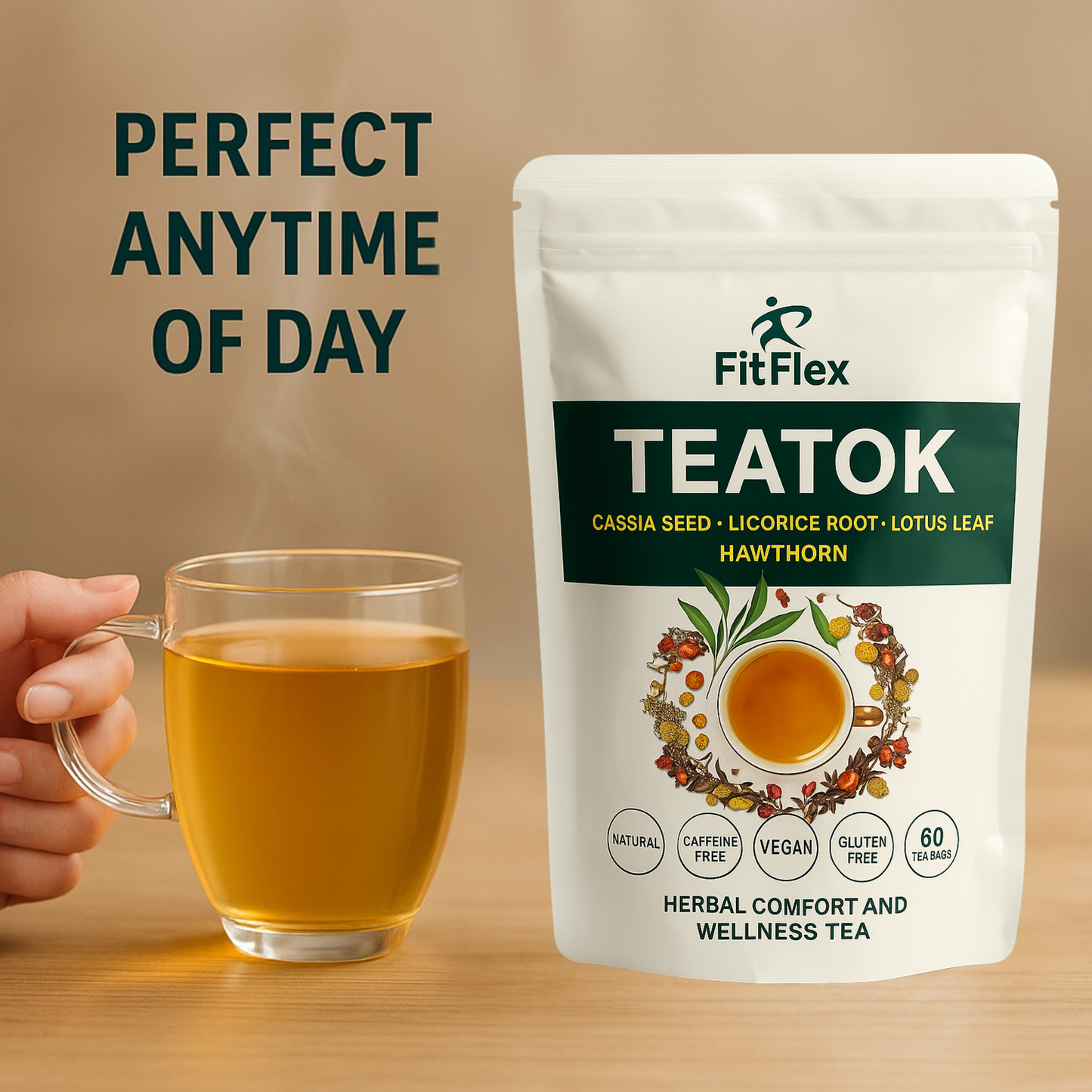 TEATOK Herbal Wellness Tea | Cassia Seed, Licorice Root, Lotus Leaf & Hawthorn | Caffeine-Free